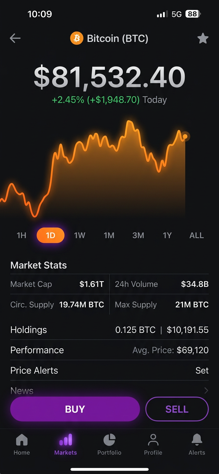 Real-time charts and prices screen in the Dynacoinex app