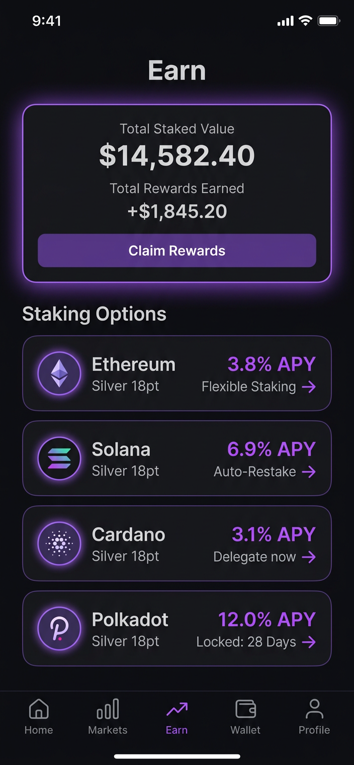 Stake and earn rewards screen in the Dynacoinex app