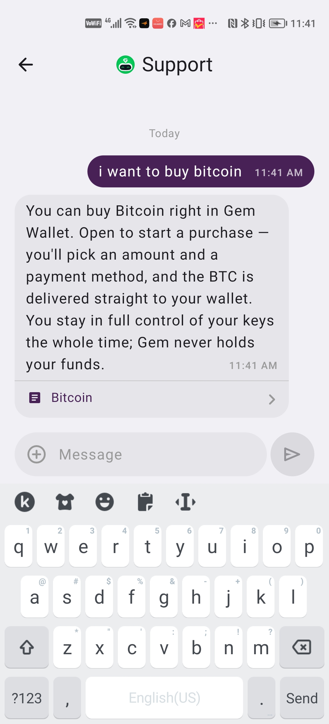 Help is one message away screen in the Dynacoinex app