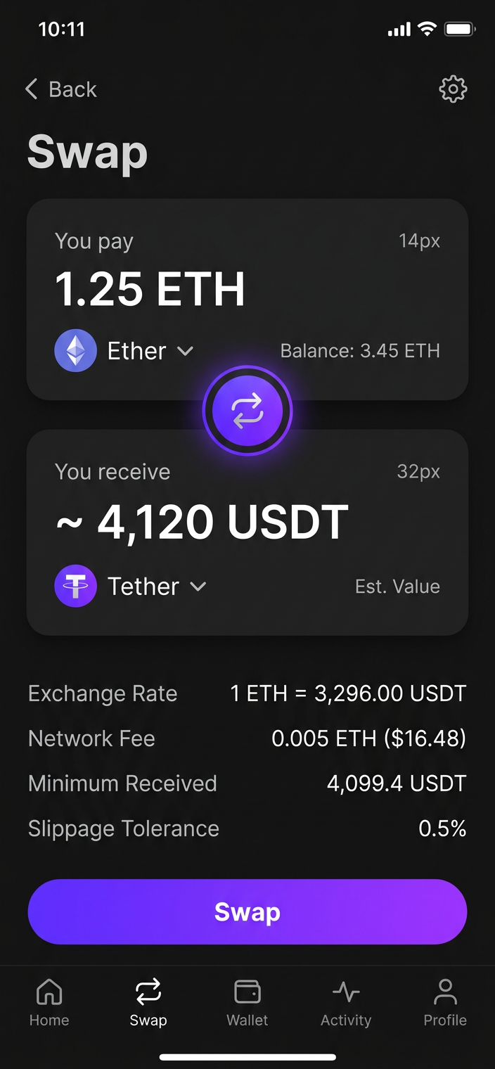 Swap tokens instantly at great rates screen in the Dynacoinex app