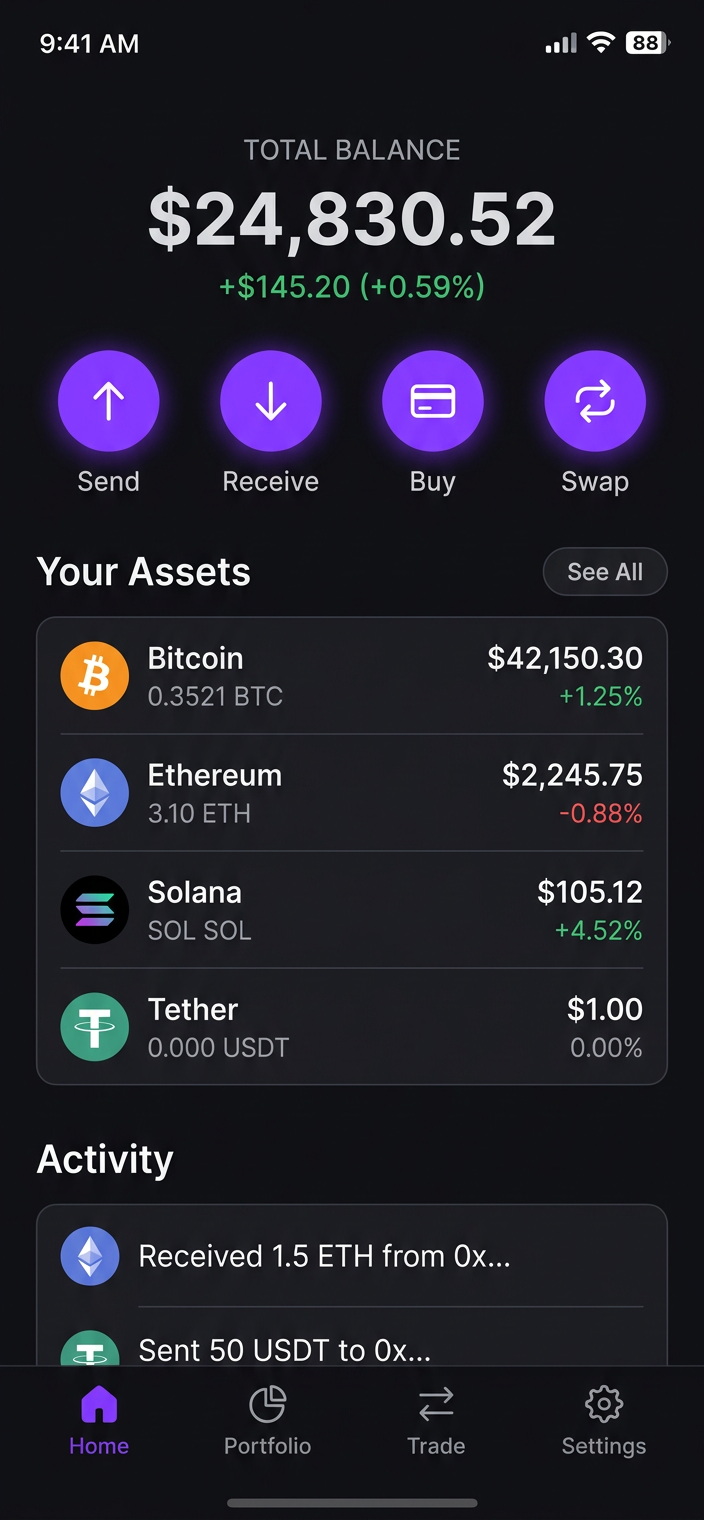 Dynacoinex wallet home screen showing balances